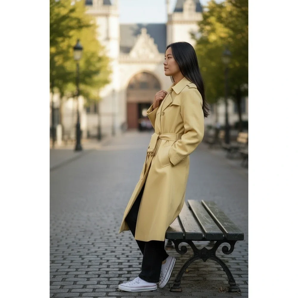 Vintage Yellow Double Breasted Trench Coat Belted Mod Oversized Collar‎ Size 10